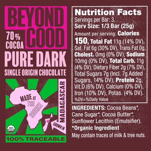 Beyond Good Dark Madagascar 70% bar close-up highlights glossy texture for tasting.