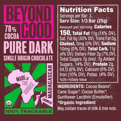 Beyond Good Dark Madagascar 70% bar close-up highlights glossy texture for tasting.