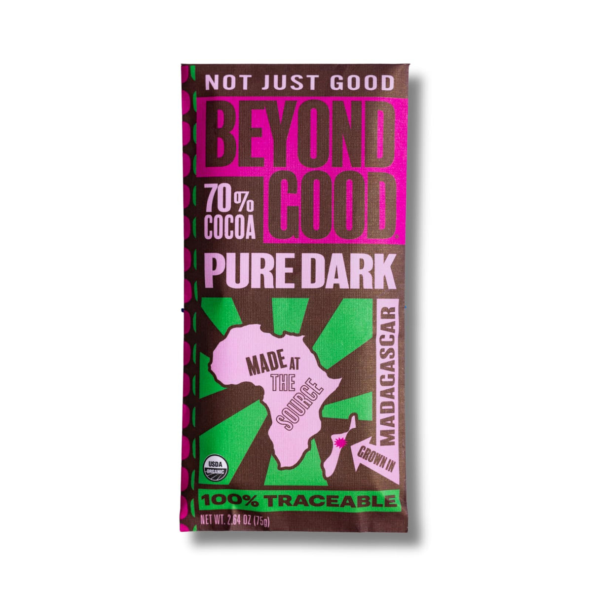 Beyond Good Dark Madagascar 70% bar front view for rich cacao snacking.