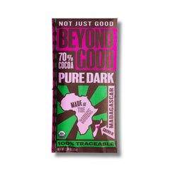 Beyond Good Dark Madagascar 70% bar front view for rich cacao snacking.