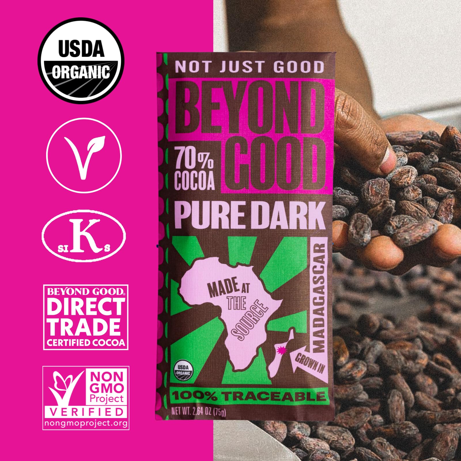 Beyond Good Dark Madagascar 70% bar packaging close-up emphasizes sustainable materials.