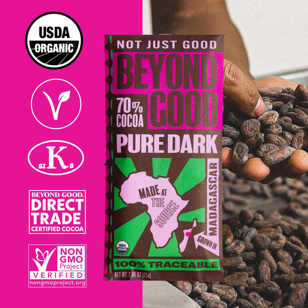 Beyond Good Dark Madagascar 70% bar packaging close-up emphasizes sustainable materials.