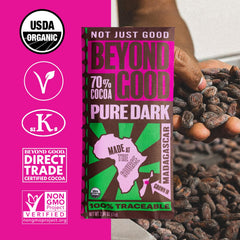 Beyond Good Dark Madagascar 70% bar packaging close-up emphasizes sustainable materials.