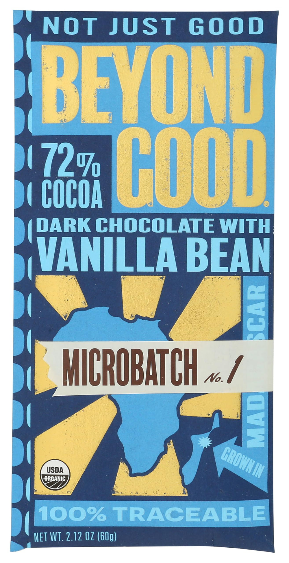 Beyond Good Organic 72% Vanilla Bar packaging showing premium ingredients.