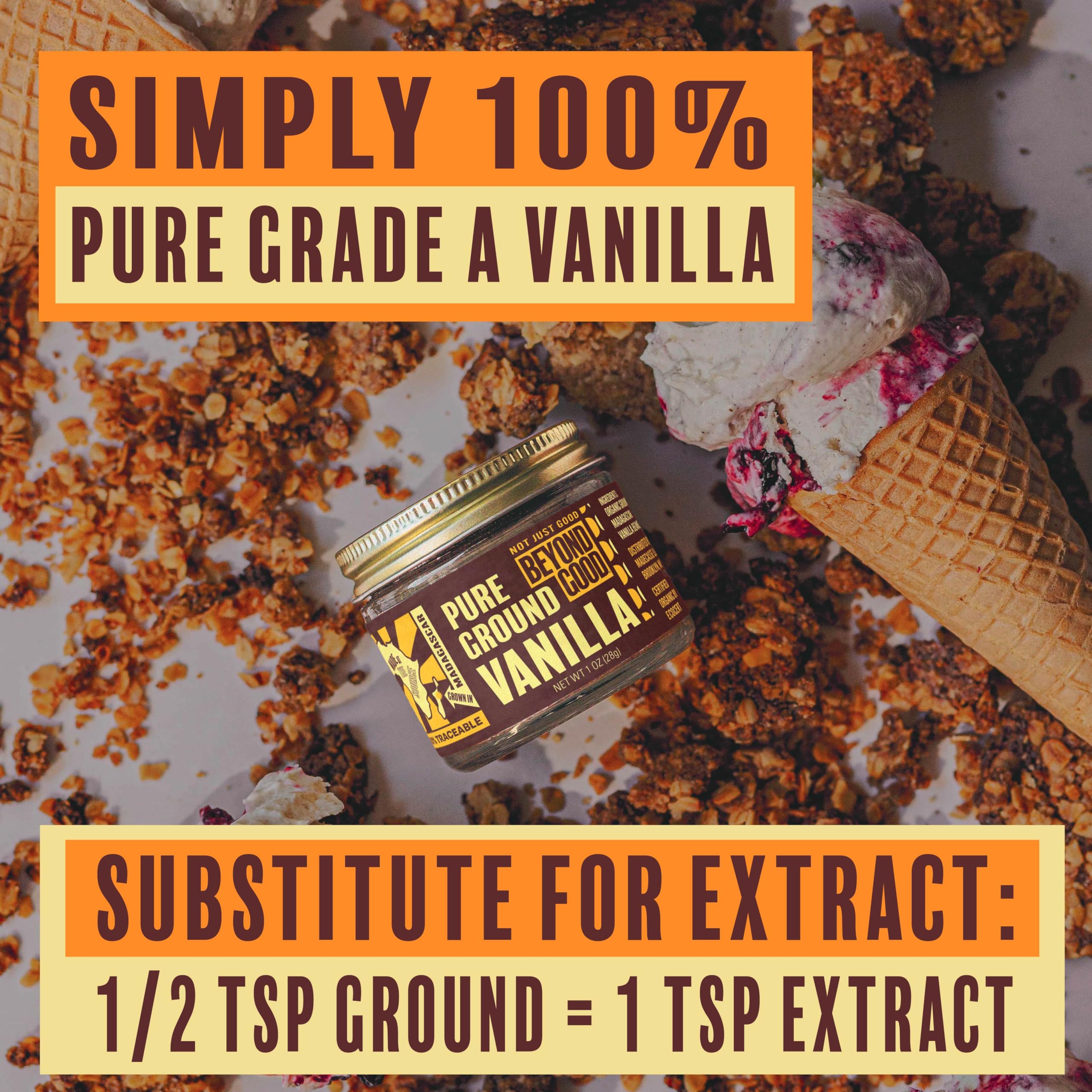 Beyond Good vanilla powder poured into ice cream for silky sweetness