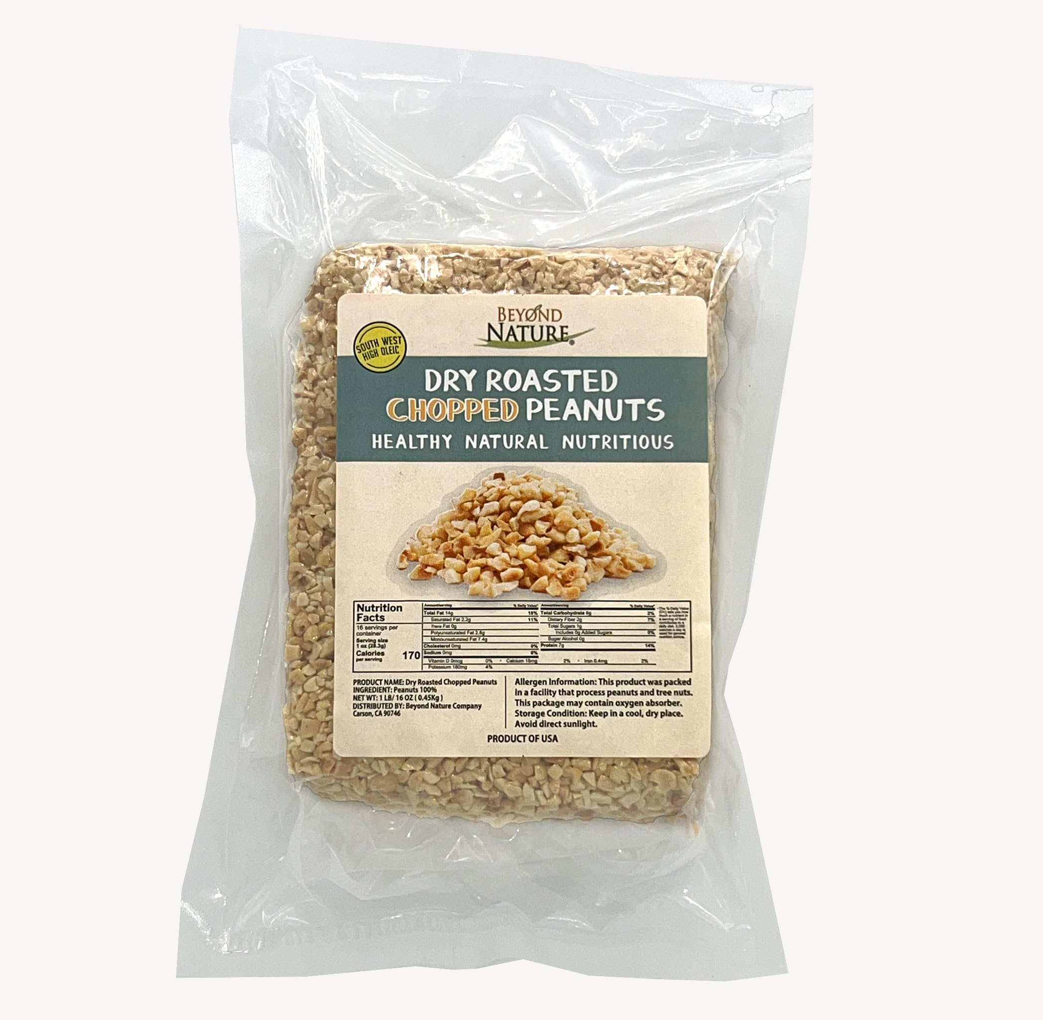 Beyond Nature unsalted dry roasted peanuts in 1lb bag promote a natural, protein-rich snack