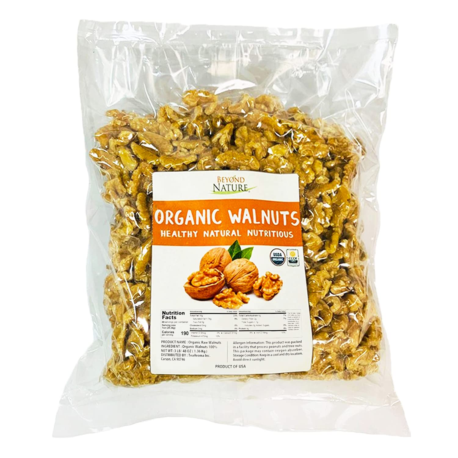 Beyond Nature Organic Raw Walnuts bag close-up for a crunchy on-the-go snack