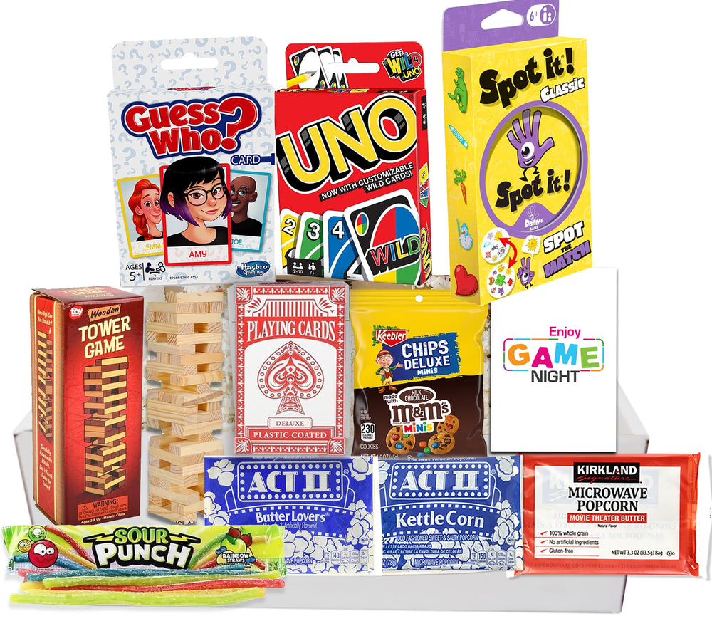 Beyond The Box game night basket with Uno pack for family fun