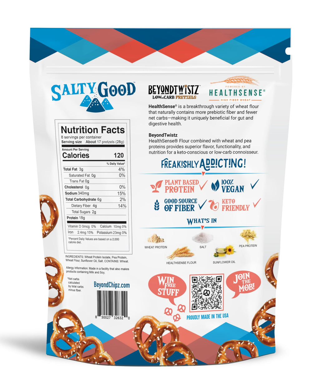 BeyondTwistz bag open showing pretzels, ideal for quick protein snacks