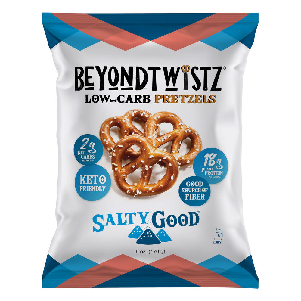 BeyondTwistz Protein Pretzels pack shot highlighting 3-pack convenience and protein power.