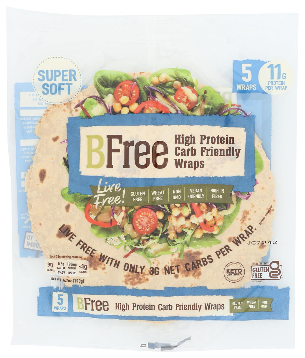 BFree Tortillas pack front with five wraps for quick meals.