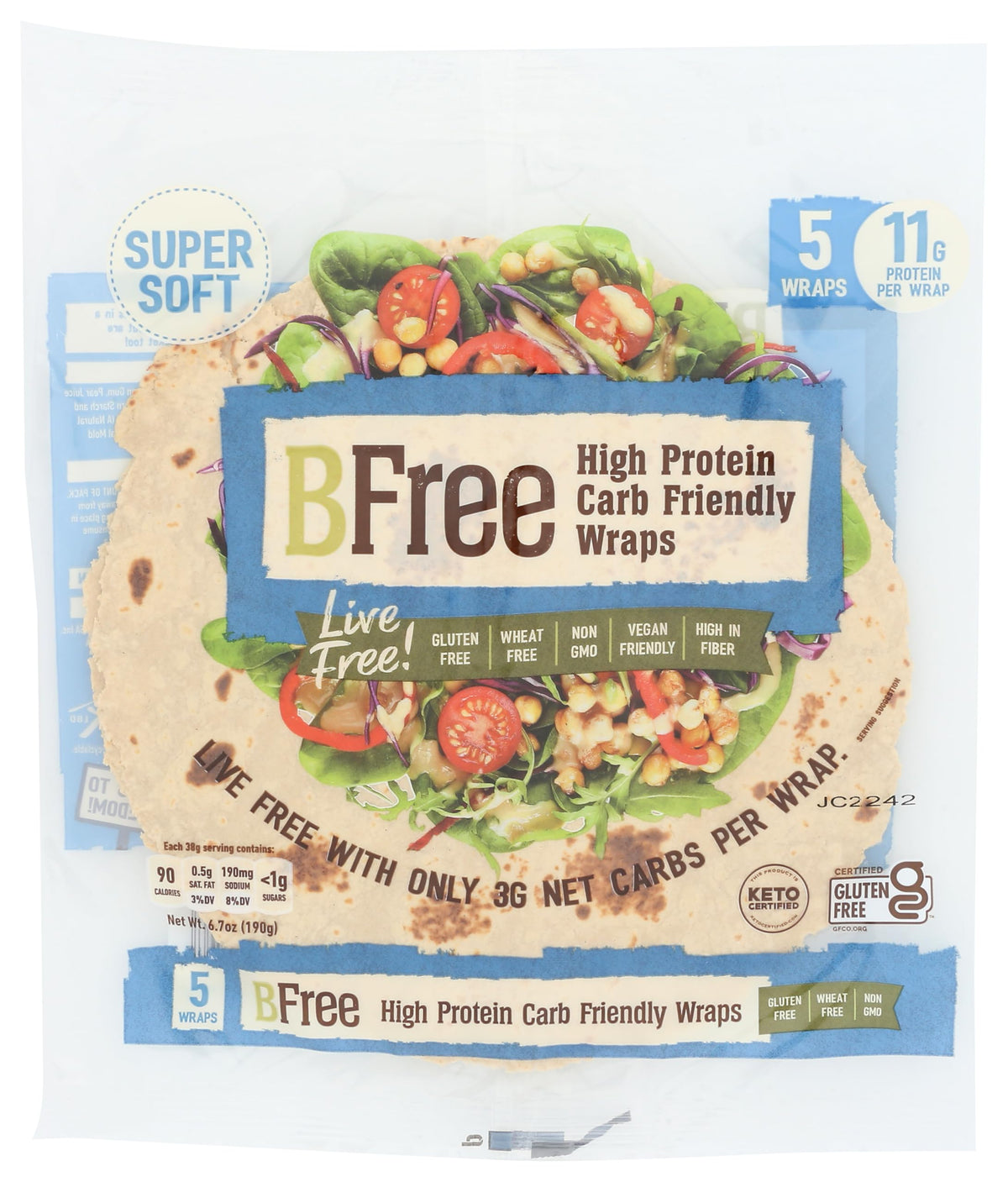 BFree Tortillas pack front with five wraps for quick meals.