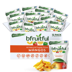 bfruitful freeze-dried mango bag closeup, gluten free and no sugar added.