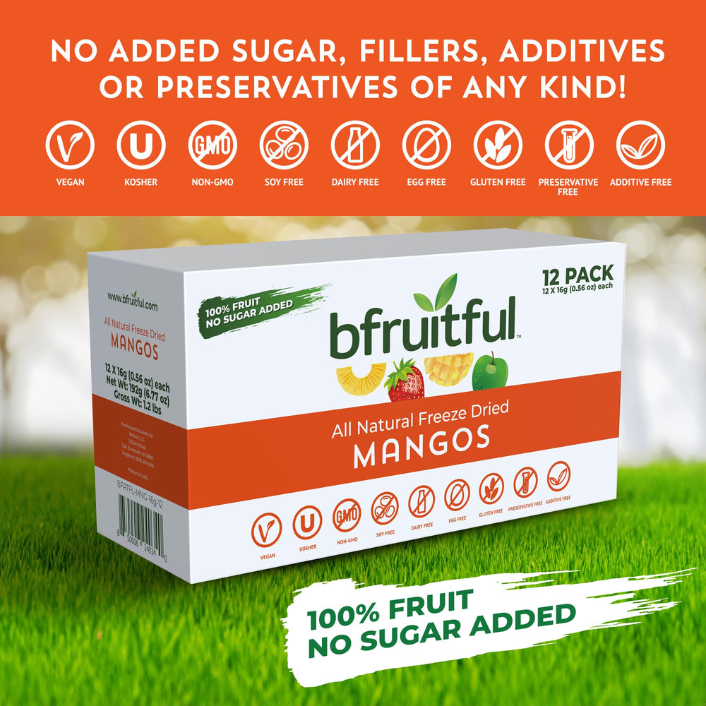 bfruitful freeze-dried mango snack bag on table, ready to eat.