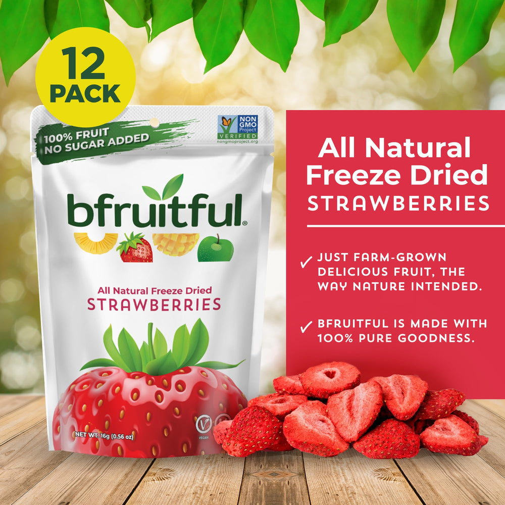bfruitful freeze-dried strawberries pouch-back showing nutrition details.