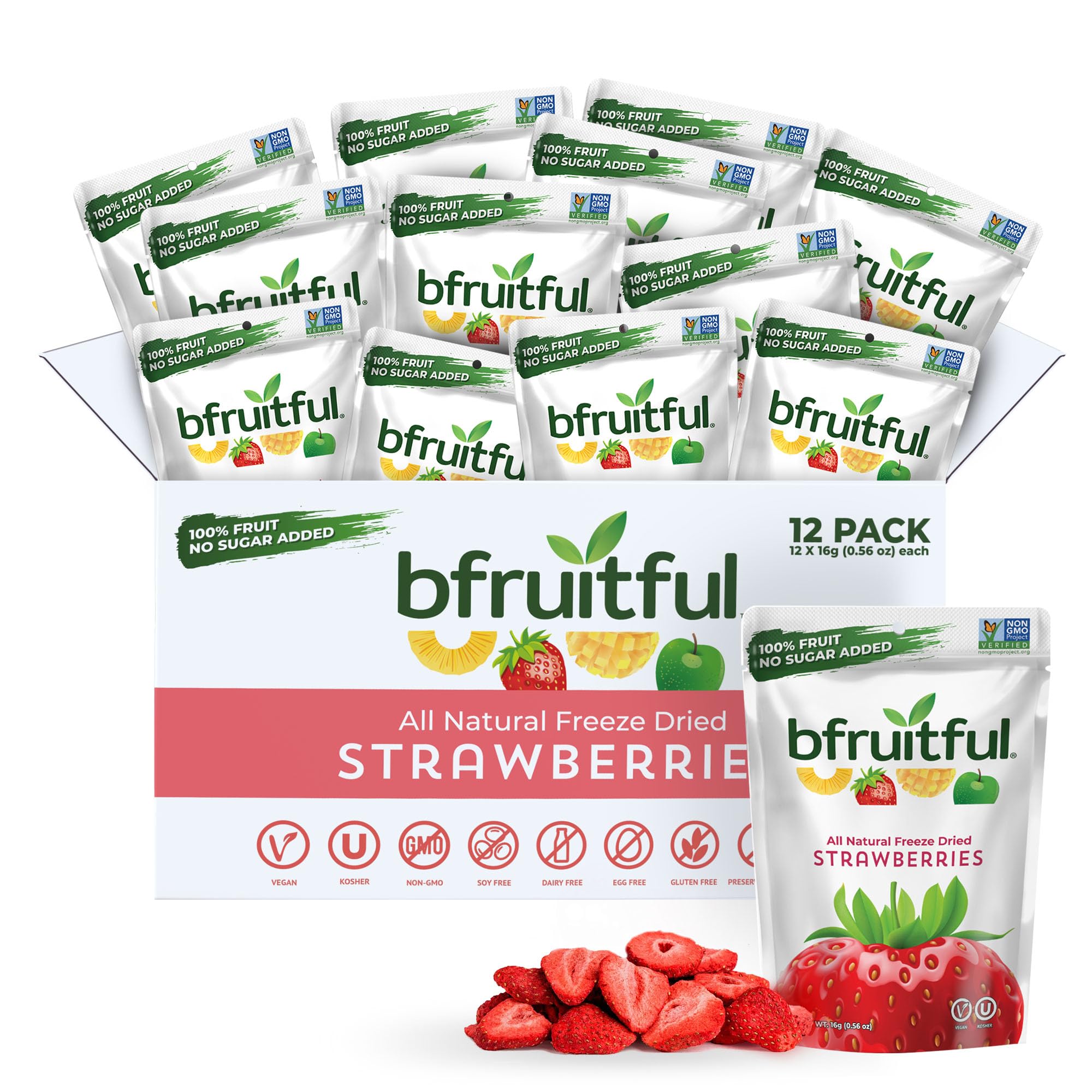 bfruitful freeze-dried strawberries pouch-front view for convenient snacking.