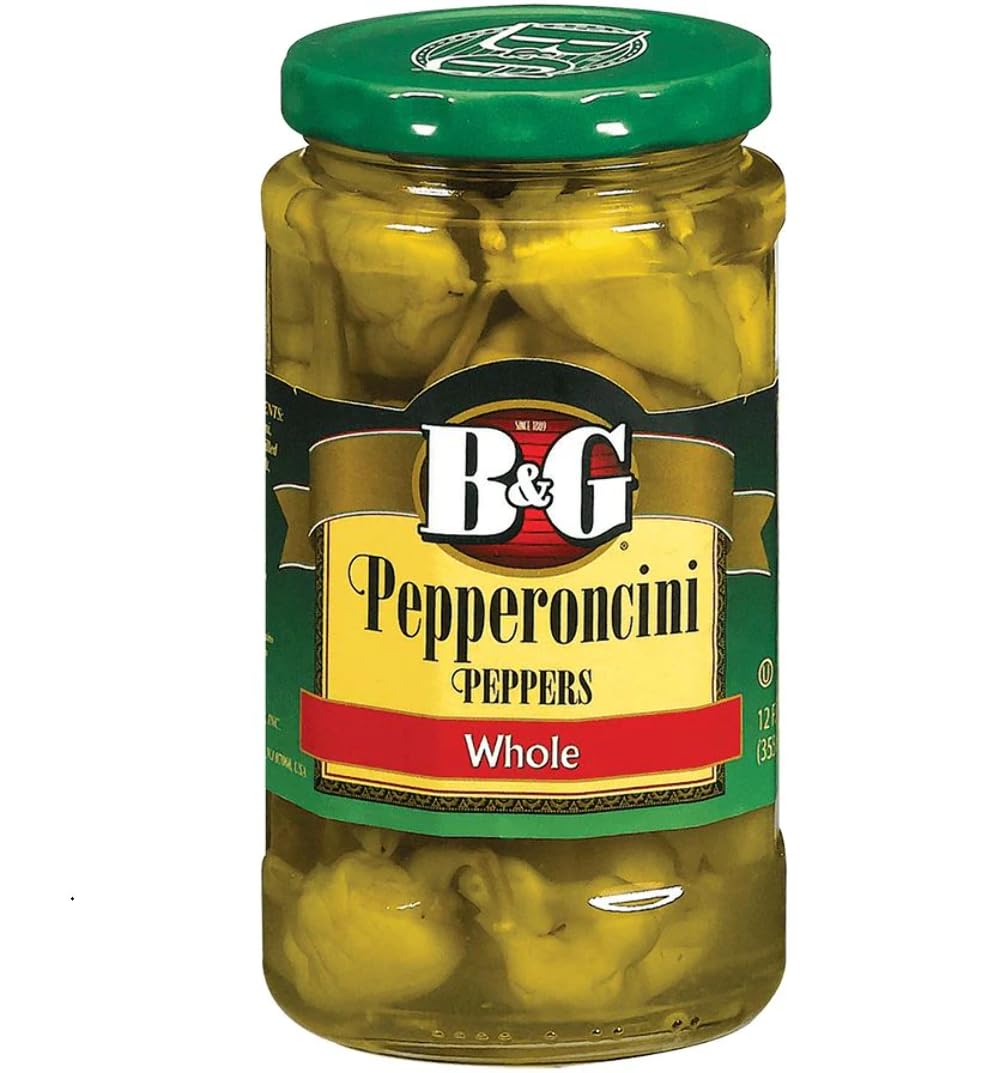 B&G Whole Pepperoncini jar displayed, tangy flavor enhancer for sandwiches and salads.