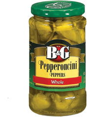 B&G Whole Pepperoncini jar displayed, tangy flavor enhancer for sandwiches and salads.