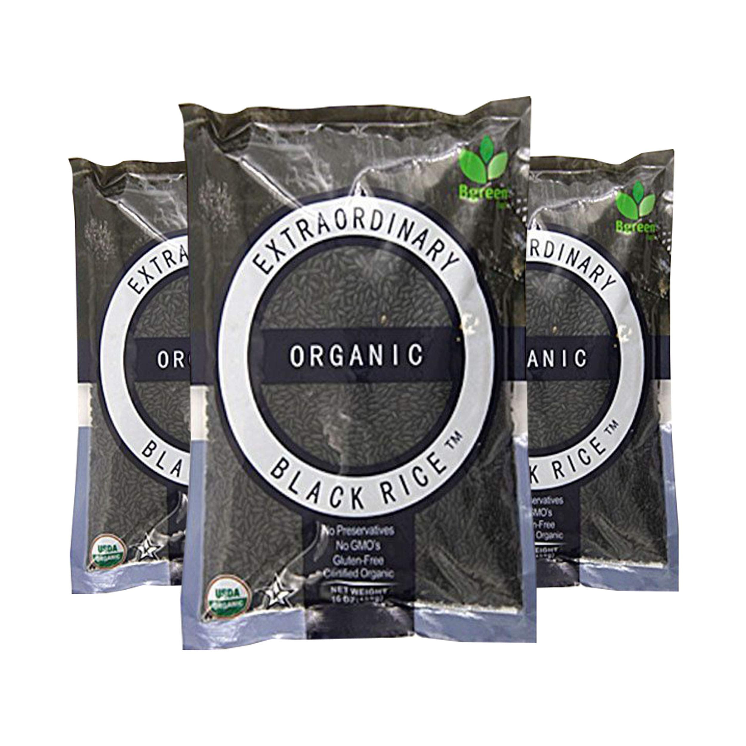 Bgreen Organic Black Rice 3 lb pack close-up, rich color and versatile pantry staple.