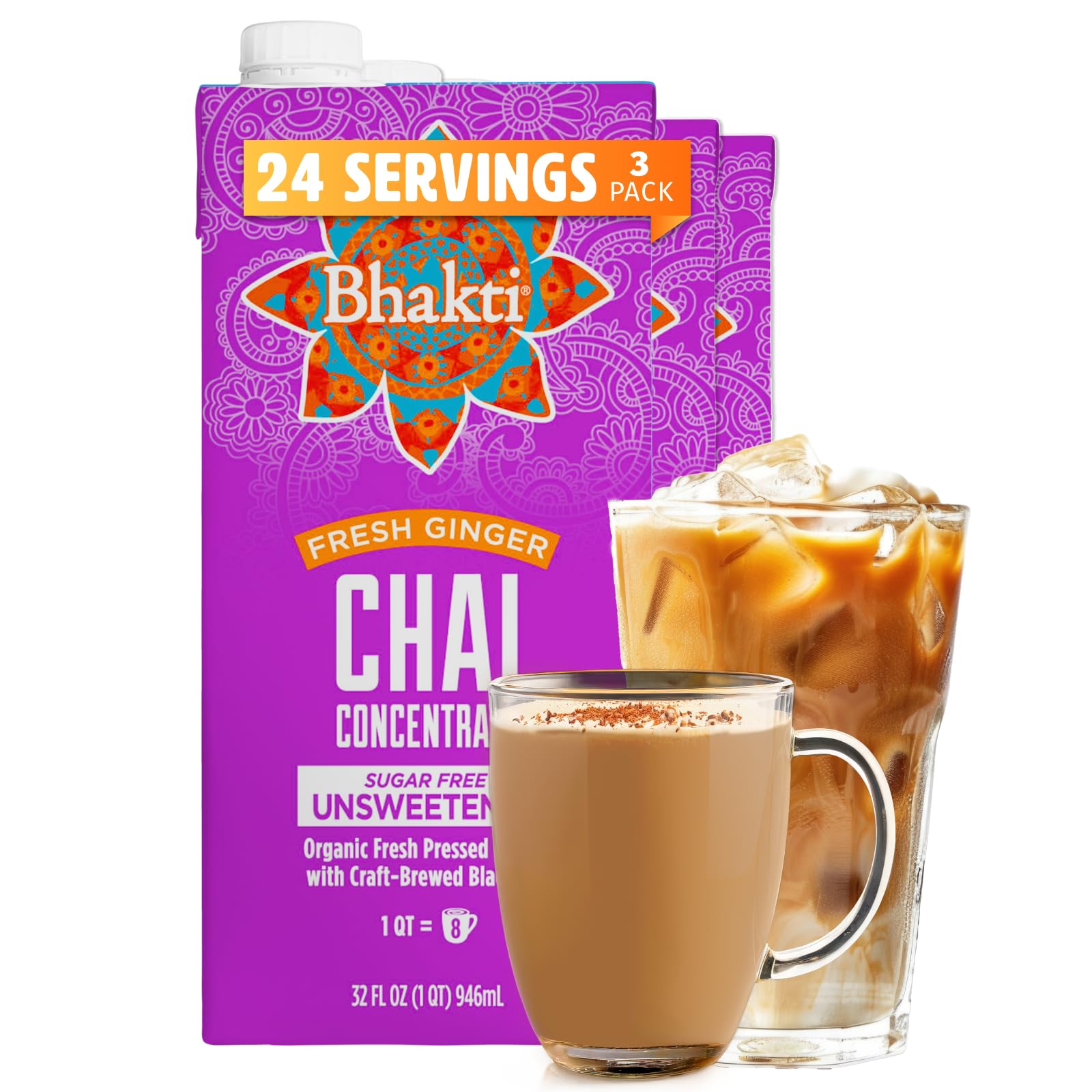 Bhakti Chai concentrate bottle closeup highlights bold, unsweetened flavor ready for lattes.