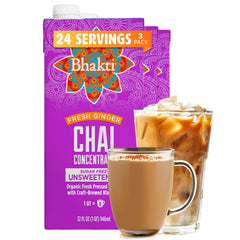 Bhakti Chai concentrate bottle closeup highlights bold, unsweetened flavor ready for lattes.