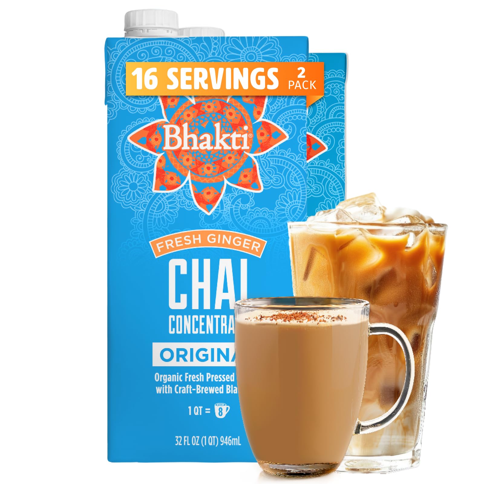 Bhakti Chai Original concentrate bottle with ginger and black tea for bold latte flavor.
