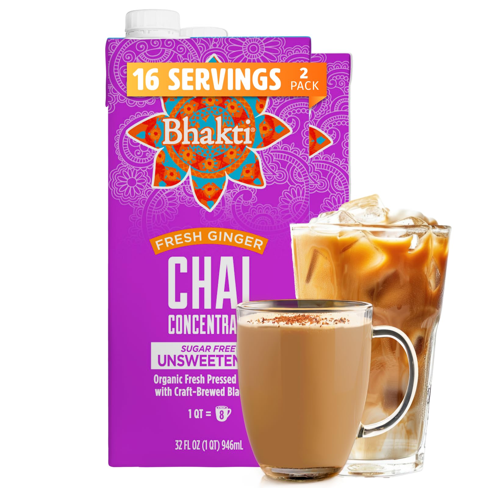 Bhakti Chai Tea Concentrate two-pack carton pouring for quick lattes and iced chai