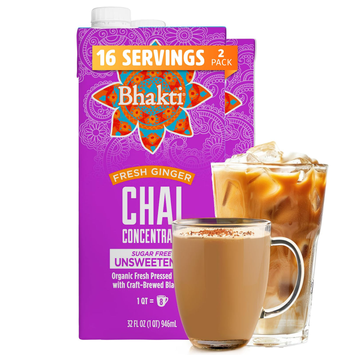 Bhakti Chai Tea Concentrate two-pack carton pouring for quick lattes and iced chai
