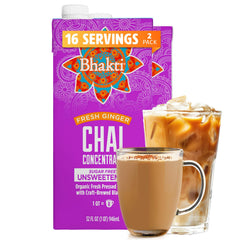 Bhakti Chai Tea Concentrate two-pack carton pouring for quick lattes and iced chai