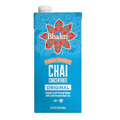 Carton of Bhakti Chai Tea Concentrate 32oz front view ready to make lattes