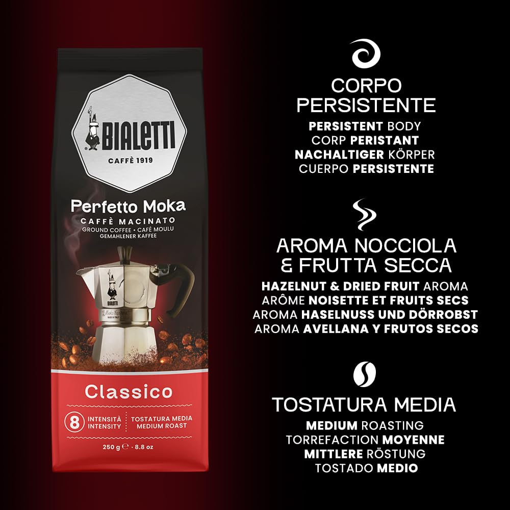 Bialetti Classico ground coffee pour delivers smooth moka texture.