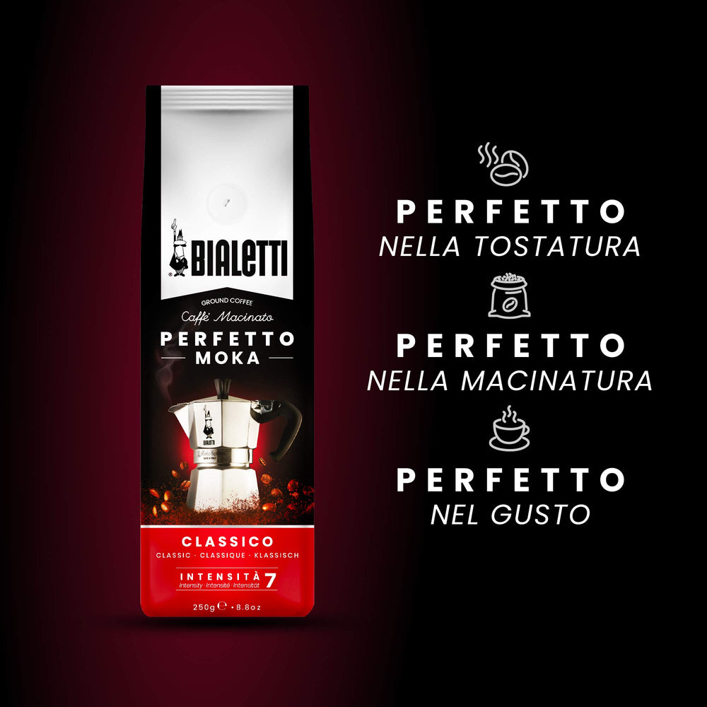 Bialetti Classico packaging-and-beans highlights premium, carefully roasted beans.
