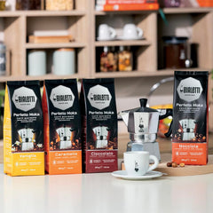 Moka pot brewing with chocolate notes and creamy crema.