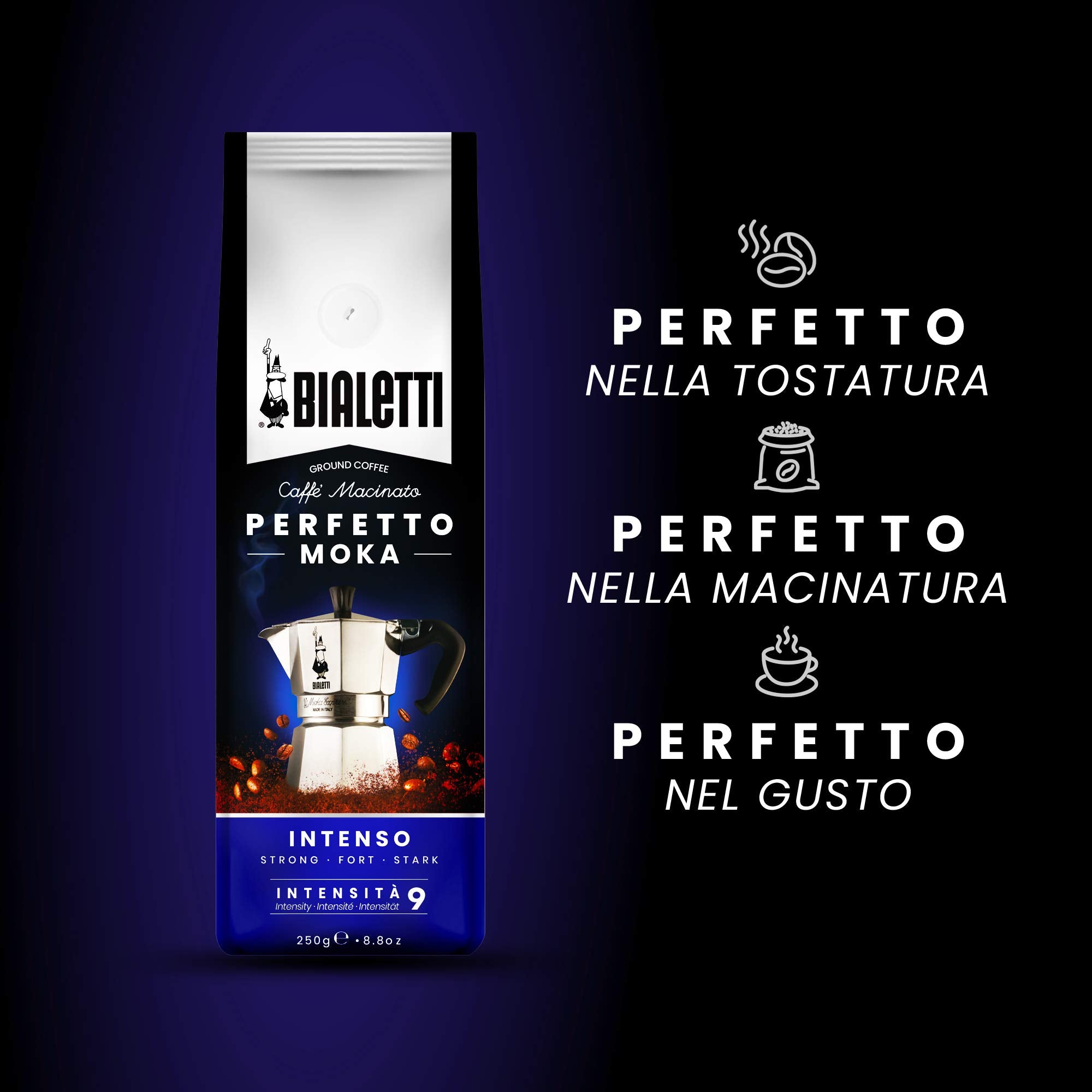Bialetti Perfetto Moka 250 g bag keeps beans fresh with aroma seal.