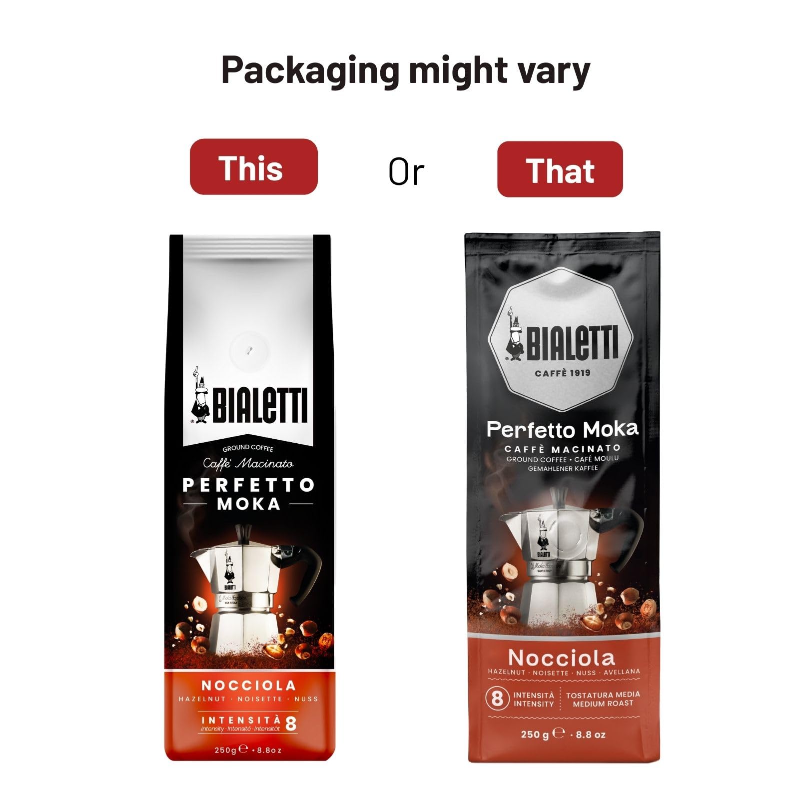 Bag design featuring aroma valve highlights freshness in Bialetti Perfetto Moka Nocciola.