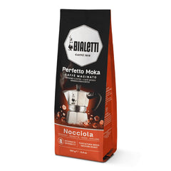 Bialetti Perfetto Moka Nocciola coffee bag 250 g with aroma-saving valve preserves freshness.