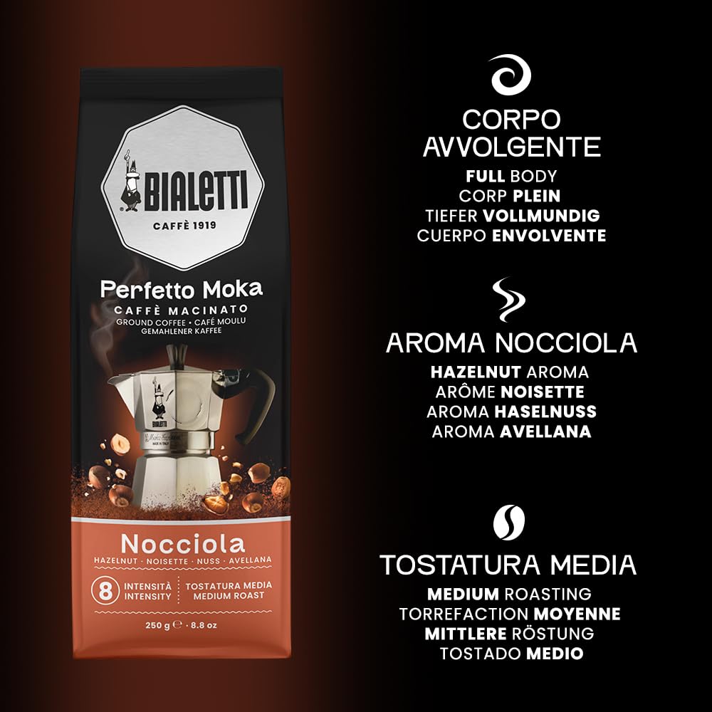 Ground coffee for Bialetti Perfetto Moka Nocciola ready for quick moka pot prep.