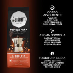 Ground coffee for Bialetti Perfetto Moka Nocciola ready for quick moka pot prep.