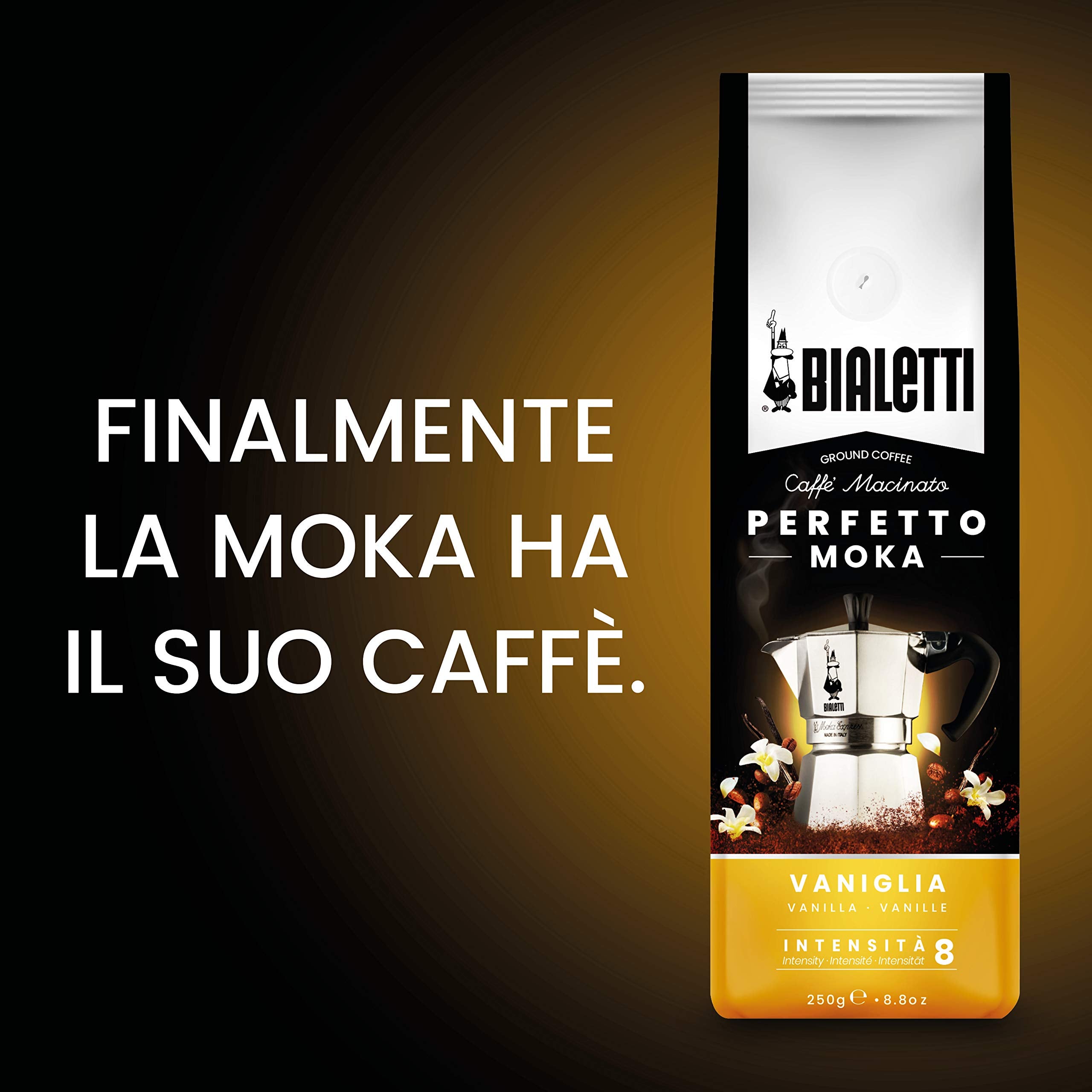 Bialetti Perfetto Moka Vanilla label close-up with flavor notes.