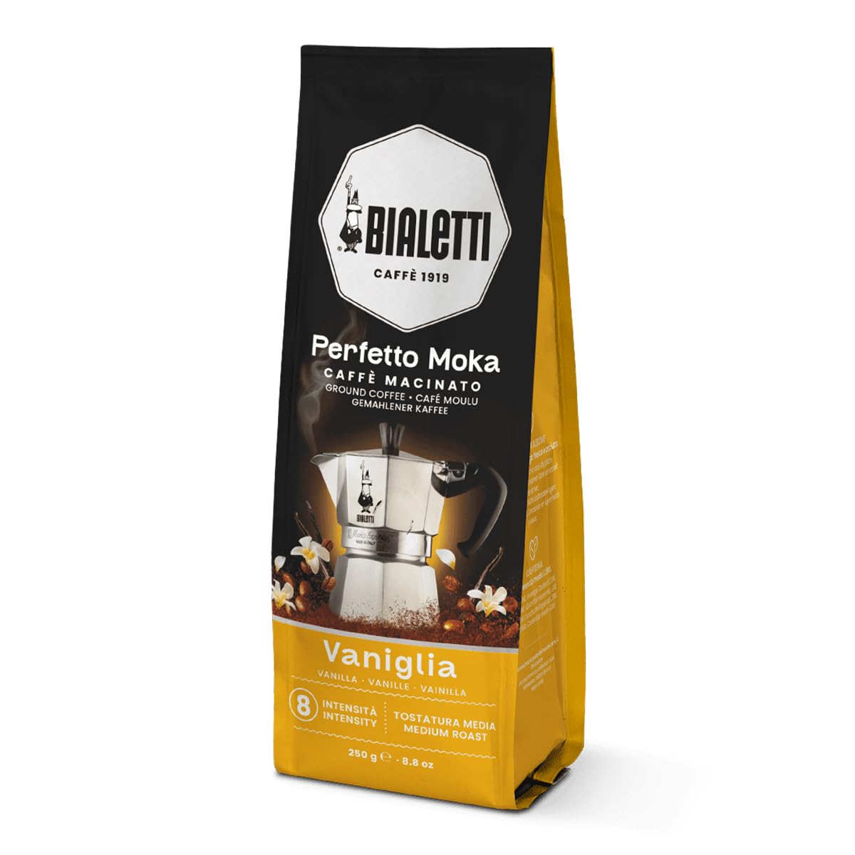 Bialetti Perfetto Moka Vanilla pack shot highlighting aroma-saving bag and aroma.