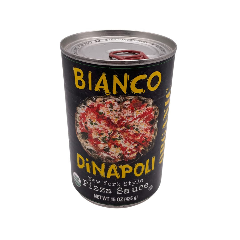 Bianco DiNapoli pizza sauce jar closeup shows rich, natural tomato flavor for NYC pies.