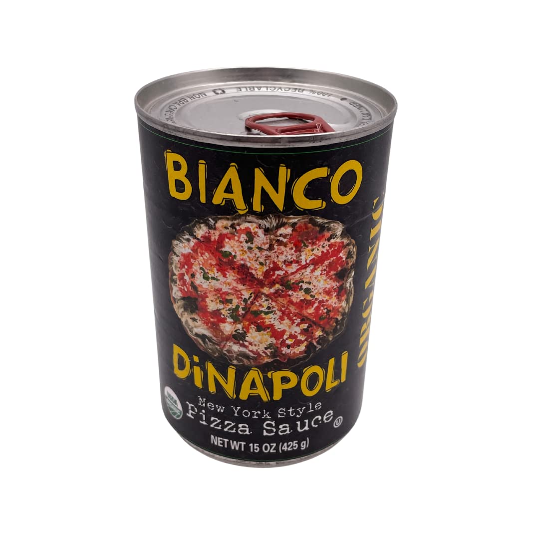 Bianco DiNapoli pizza sauce jar closeup shows rich, natural tomato flavor for NYC pies.