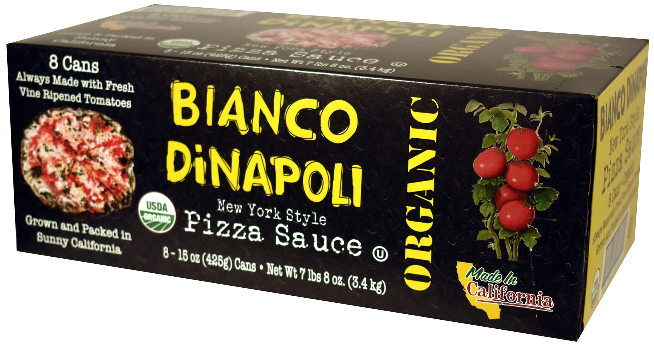 Bianco DiNapoli sauce bowl with basil suggests versatile toppings ideas.