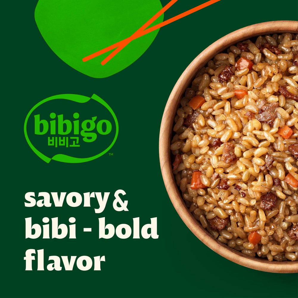 Bibigo Korean BBQ Flavor Fried Rice packaging and bowl for clean prep
