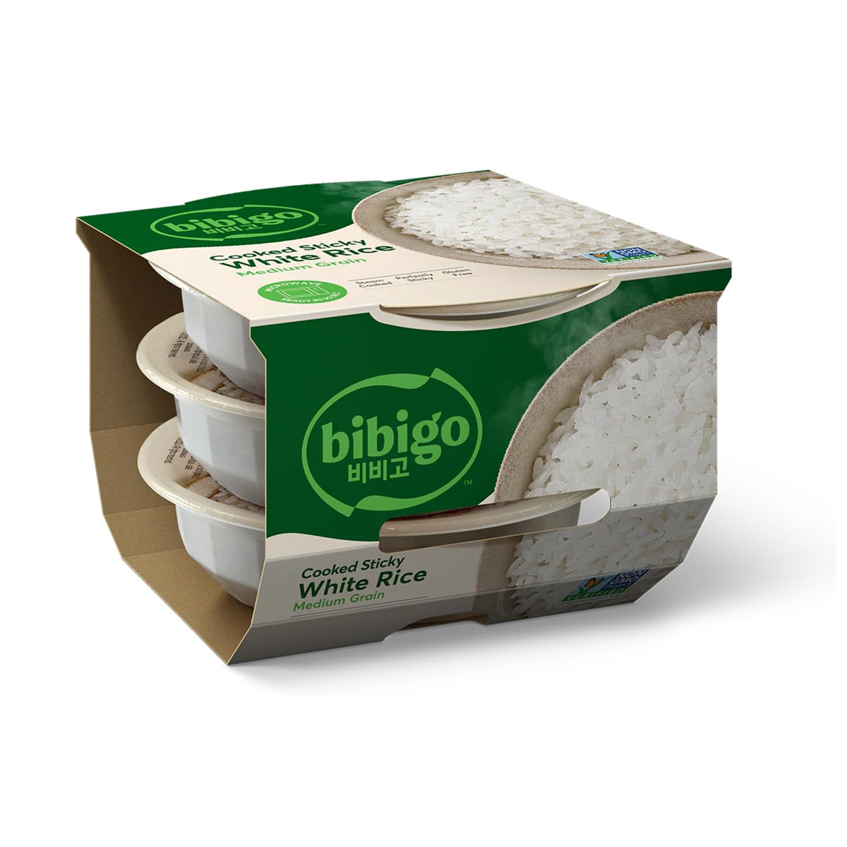 Bibigo Korean Sticky White Rice bowl; convenient microwavable meals for quick dinners.