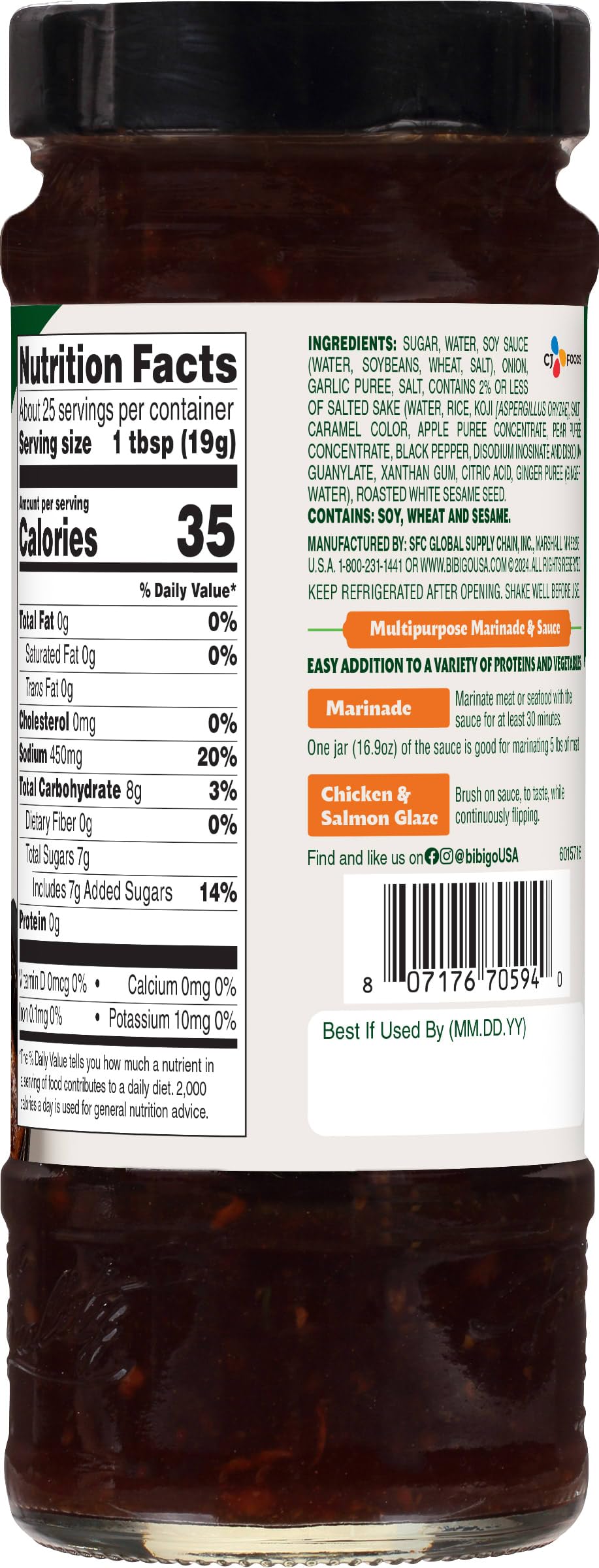 Bibigo Original Korean BBQ Sauce bottle label close-up highlights balanced flavor.