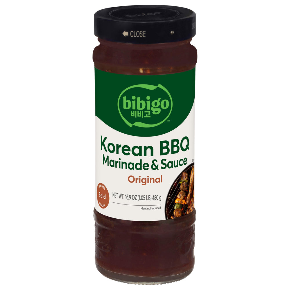 Bibigo Original Korean BBQ Sauce bottle top view ideal for quick marinades.