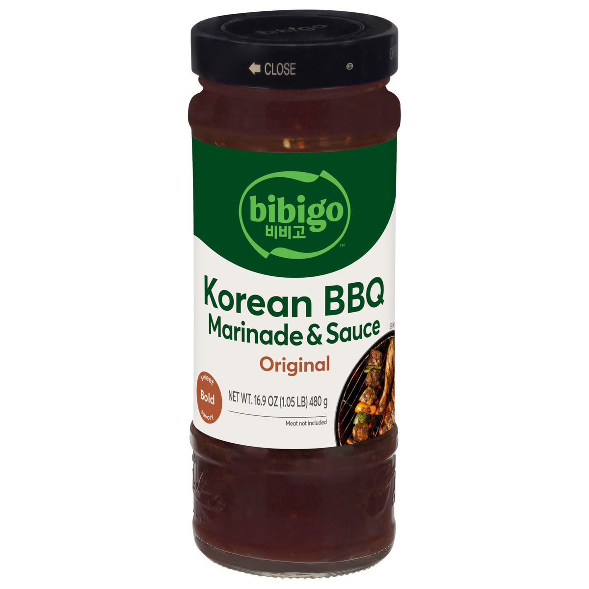 Bibigo Original Korean BBQ Sauce bottle top view ideal for quick marinades.