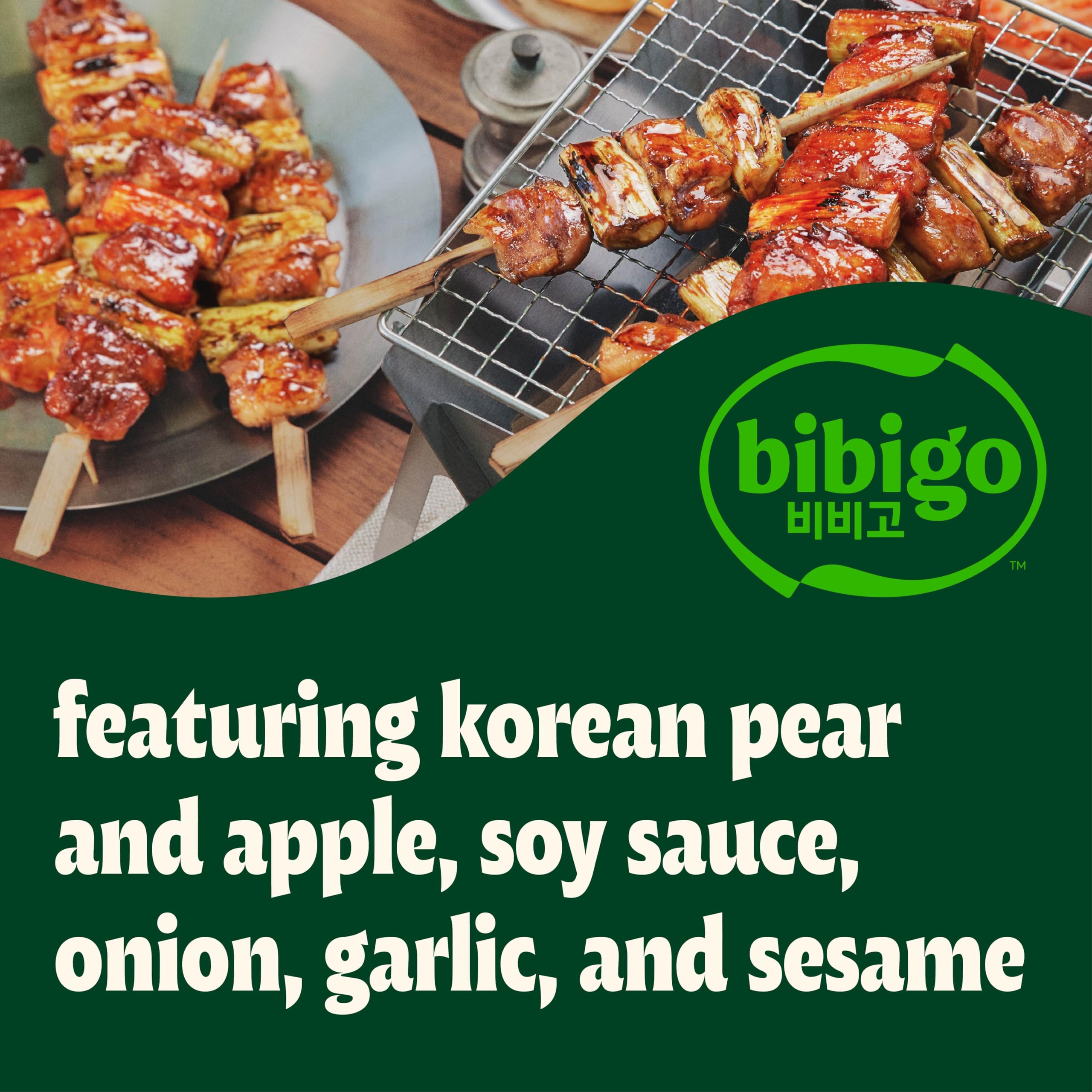 Glazed chicken skewers with Bibigo Original Korean BBQ Sauce.