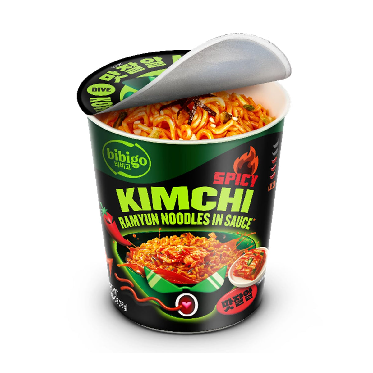 Bibigo Ramyun spicy kimchi noodles in a bowl for a quick bold lunch.